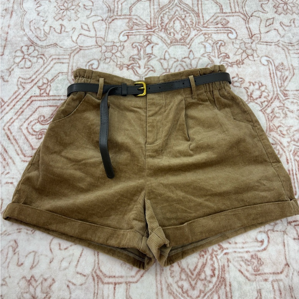 Cider High Waist Tan Corduroy Shorts with Black Belt